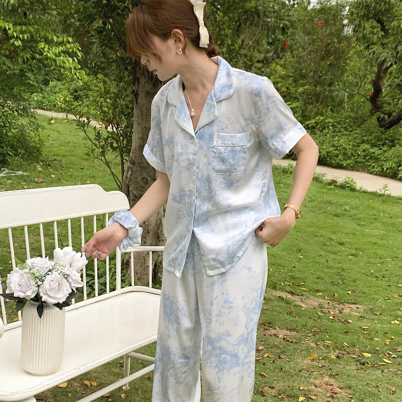 Amelie | Eleganter Damen Pyjama lang aus Satin weich 8