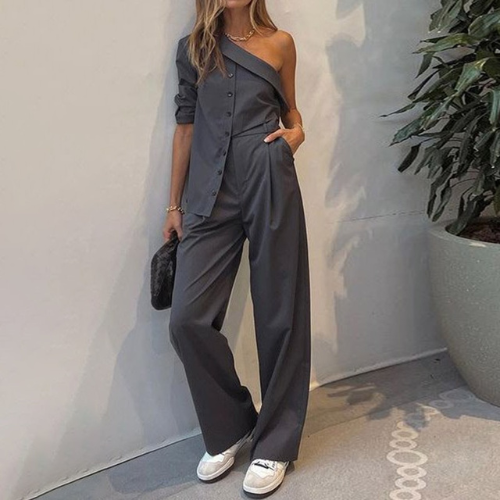 Amelie | Eleganter Ein-Schulter-Damenanzug grau festlich