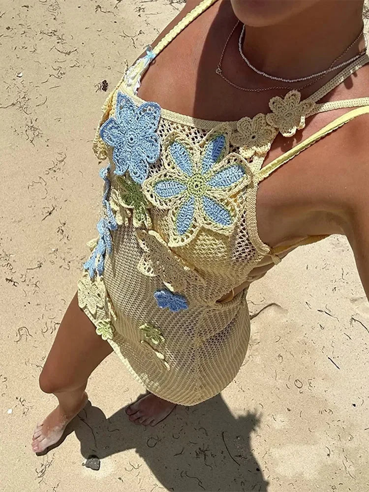 YARA - Häkellook-Sommerkleid mit 3D-Blumen, Ärmellos & bunt, Strandkleid im Boho-Stil