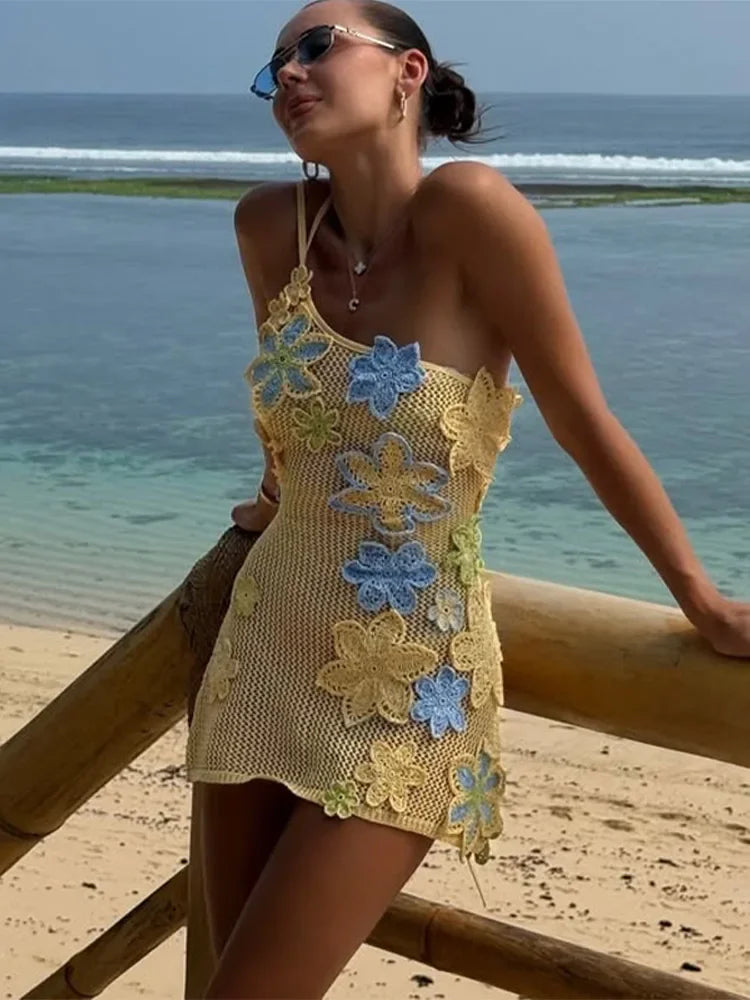 YARA - Häkellook-Sommerkleid mit 3D-Blumen, Ärmellos & bunt, Strandkleid im Boho-Stil