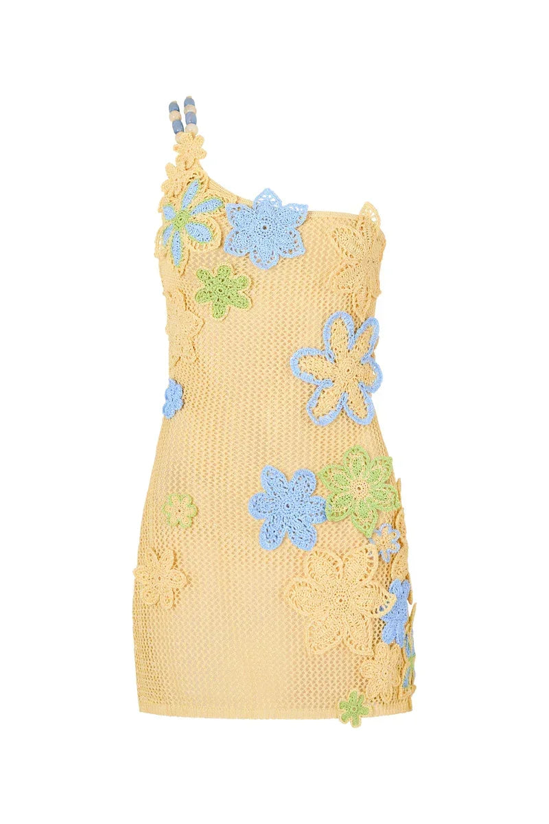 YARA - Häkellook-Sommerkleid mit 3D-Blumen, Ärmellos & bunt, Strandkleid im Boho-Stil