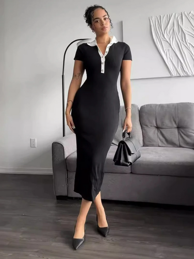 Aurora Maxikleid mit Empire-Taille & Turn-Down-Kragen