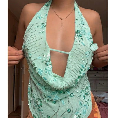 NADINE - Glitzerndes Tanktop mit V-Ausschnitt & Rückenausschnitt – Sommerliche Cropped Bluse