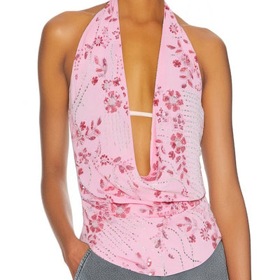 NADINE - Glitzerndes Tanktop mit V-Ausschnitt & Rückenausschnitt – Sommerliche Cropped Bluse