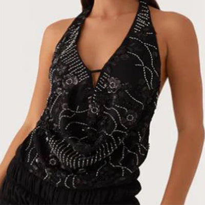 NADINE - Glitzerndes Tanktop mit V-Ausschnitt & Rückenausschnitt – Sommerliche Cropped Bluse