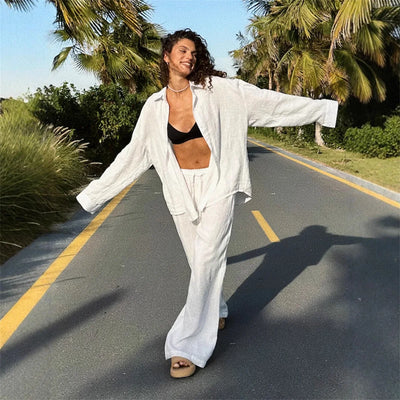 Women Casual Cozy Lapel Pink Shirt Pants Suits Fashion Single Breasted Blouses Elastic Waist Pant Set 2025 Spring Loose Outfits 3