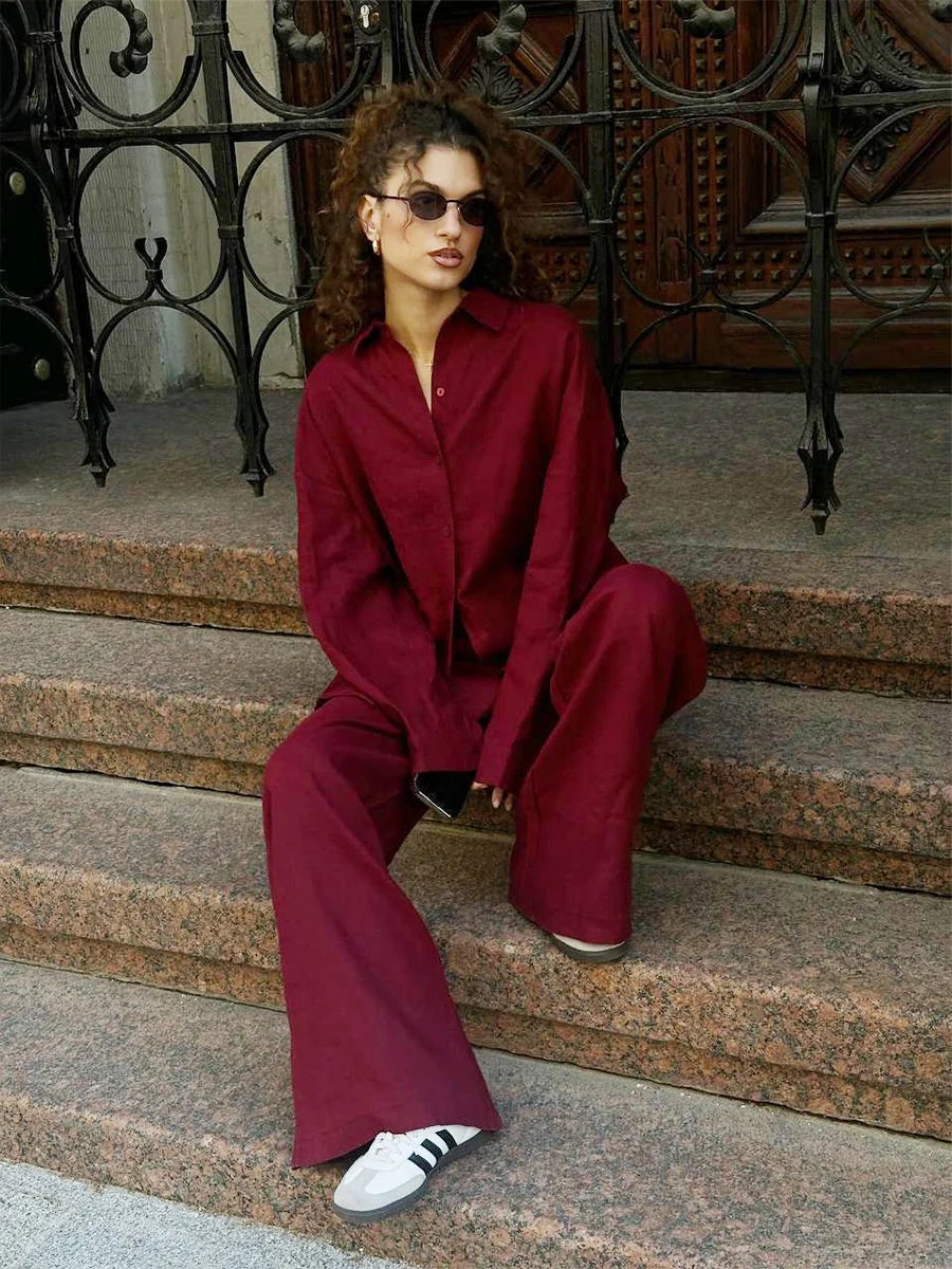 Women Casual Cozy Lapel Pink Shirt Pants Suits Fashion Single Breasted Blouses Elastic Waist Pant Set 2025 Spring Loose Outfits 4