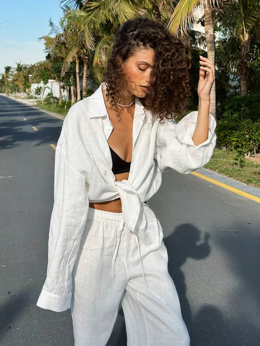 Women Casual Cozy Lapel Pink Shirt Pants Suits Fashion Single Breasted Blouses Elastic Waist Pant Set 2025 Spring Loose Outfits 5